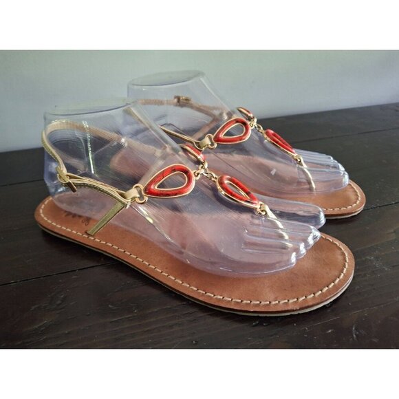 EUC Yellow Box Leather Sandals with Gold Straps and Red Teardrop Embellishments/ - Picture 1 of 9